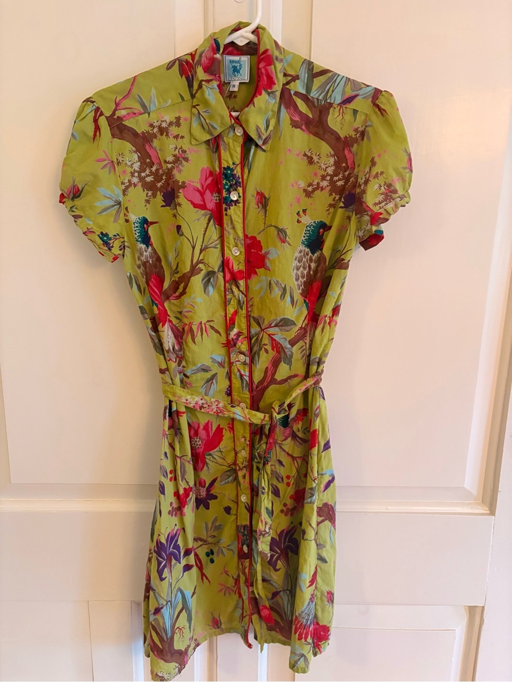 Karma Living Women's Green Floral Bird Shirt Dress Button Front Belted M